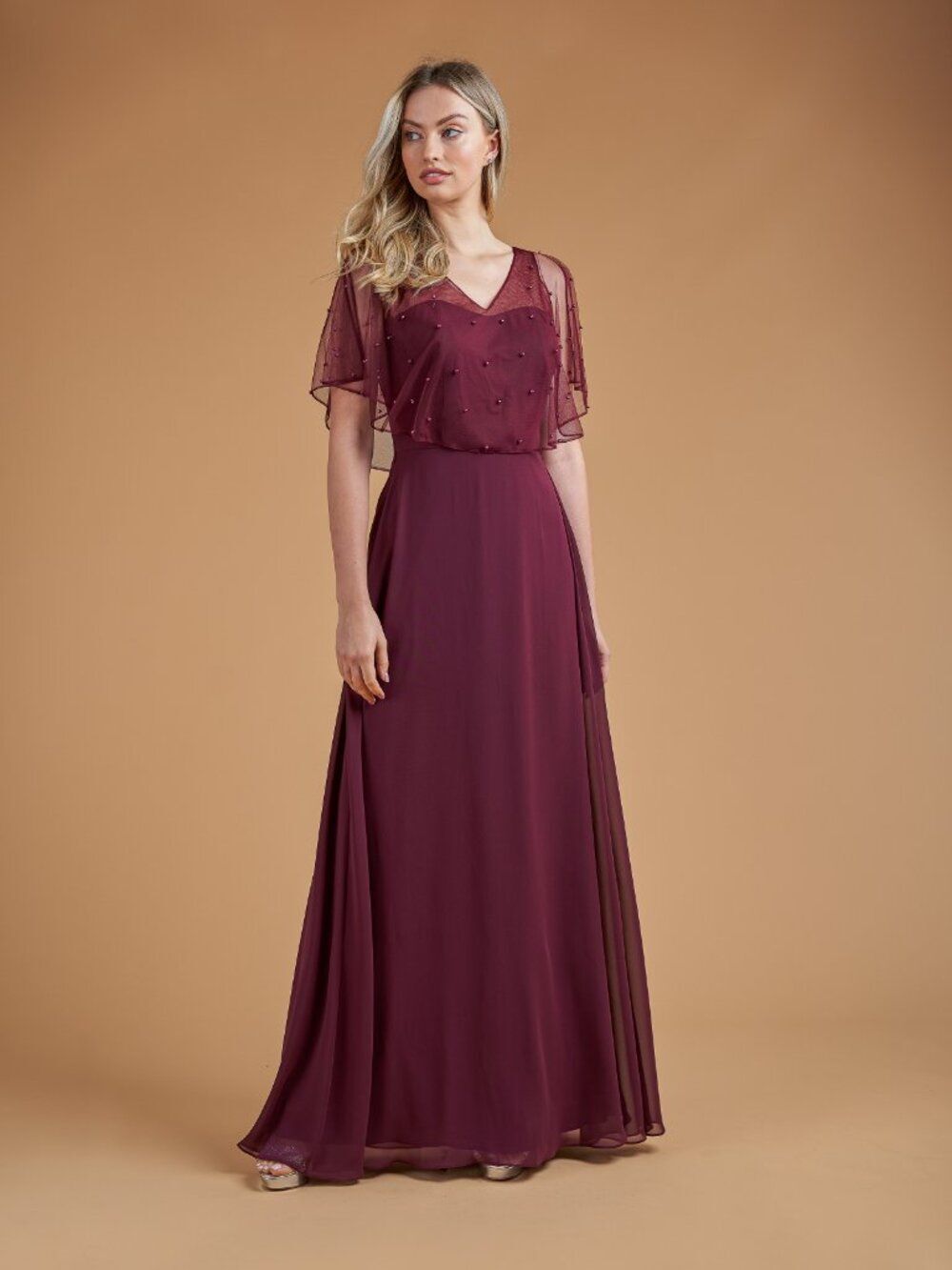 Long Chiffon Wine Bridesmaid Dress Pearl Overlay Flutter Sleeve B2 Jasmine